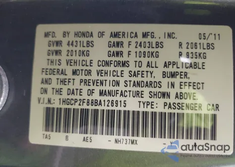 2011 Honda Accord 2.4 Ex-L из США, поврежденный, VIN 1HGCP2F88BA126915